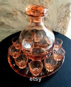 Depression glass set, Pink glass carafe, Vintage French Depression Glass Eau-de-vie Carafe set