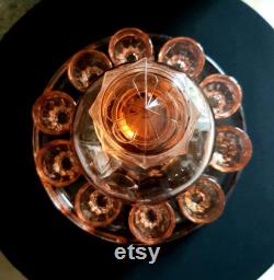 Depression glass set, Pink glass carafe, Vintage French Depression Glass Eau-de-vie Carafe set