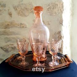 Depression glass set, carafe and glasses set, Vintage French Depression Glass Eau-de-vie Carafe set