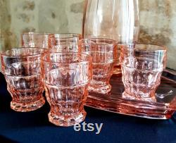 Depression glass set, pink glass carafe, Vintage French Depression Glass Eau-de-vie Carafe set