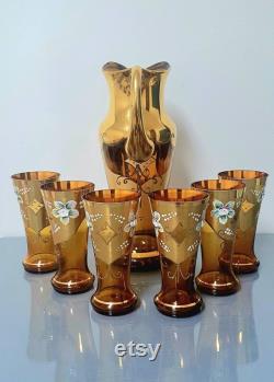 Enchantingly beautiful bohemia enamelled gold set, GOLDEN ROSE , large carafe glasses, gold-plated