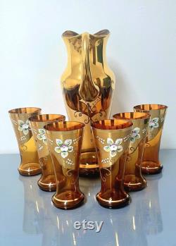 Enchantingly beautiful bohemia enamelled gold set, GOLDEN ROSE , large carafe glasses, gold-plated