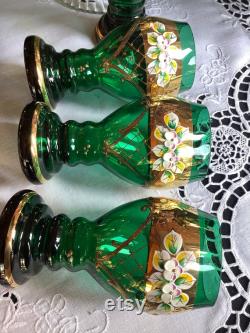 Exceptional Moser Murano glass emerald green gold gilded raised enamel flowers pitcher wine or water