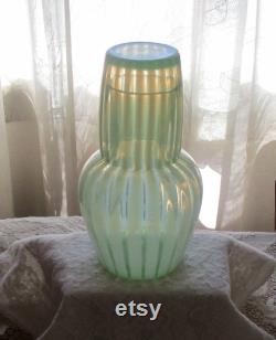 Fenton Tumble-Up, Vaseline Opalescent Stripe, Art Glass, Carafe, Water Carafe, Wedding Gift, Guest Bedroom Decor, Christmas Gift