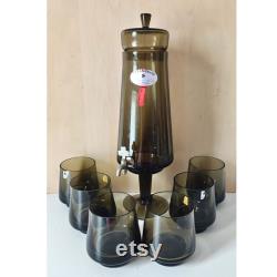 French Art Deco Absinthe fountain smoked brown glass and Cut Crystalline Glass, Carafe with tap, and 6 glasses of thick glass very rare copy