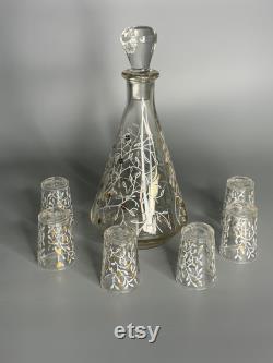 French Art Deco glass carafe with 6 shot glasses from 1950s barware