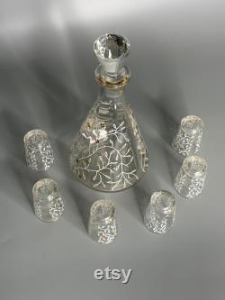 French Art Deco glass carafe with 6 shot glasses from 1950s barware
