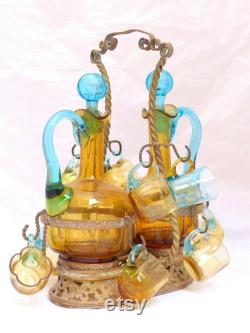 French Rare Brass cave box blue LEGRAS Decanter Liquor Tantalus glass set 1880