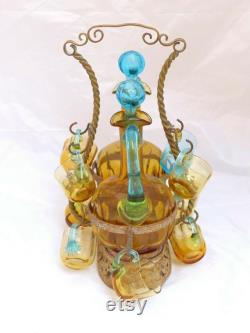 French Rare Brass cave box blue LEGRAS Decanter Liquor Tantalus glass set 1880