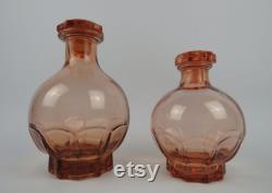 French pink glass decanters, Pink depression glass decanters, Art-deco 1930s pink bottles, Depression glassware, Carafe wine liquor alcohol