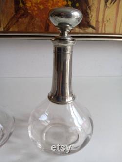 French vintage pewter and faceted glass wine carafe with Modernist styling, circa Mid Century.