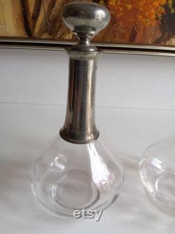 French vintage pewter and faceted glass wine carafe with Modernist styling, circa Mid Century.