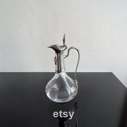 French vintage pewter and glass Art Nouveau style wine claret carafe with handle and lid.
