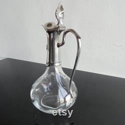 French vintage pewter and glass Art Nouveau style wine claret carafe with handle and lid.