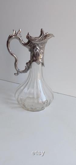 French vintage pewter and multifaceted glass Art Nouveau style wine claret carafe with silvered metal handle and lid.