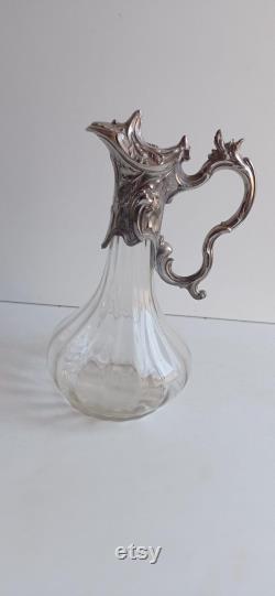 French vintage pewter and multifaceted glass Art Nouveau style wine claret carafe with silvered metal handle and lid.