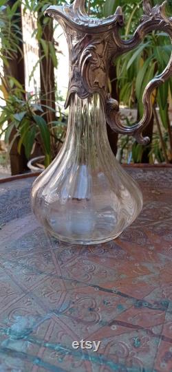 French vintage pewter and multifaceted glass Art Nouveau style wine claret carafe with silvered metal handle and lid.