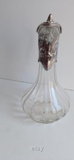 French vintage pewter and multifaceted glass Art Nouveau style wine claret carafe with silvered metal handle and lid.