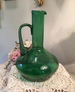 GREEN BLOWN GLASS Carafe Bottle Futuro Anteriore From Italy Empoli Region 1960 s