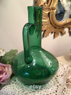 GREEN BLOWN GLASS Carafe Bottle Futuro Anteriore From Italy Empoli Region 1960 s