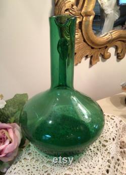 GREEN BLOWN GLASS Carafe Bottle Futuro Anteriore From Italy Empoli Region 1960 s