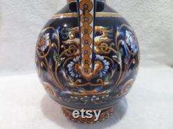Gien's faience cider pitcher (Gien cachet 1971) Renaissance décor on a blue background (Gien pottery cider pitcher)