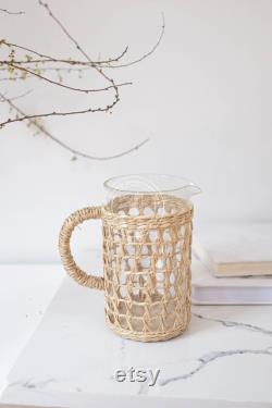 Glass Carafe, Seagrass-Wrapped Pitcher, Small Milk Jug, Handmade Pitcher Woven Seagrass Wrapped Glassware Housewarming gift