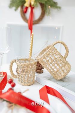 Glass Carafe, Seagrass-Wrapped Pitcher, Small Milk Jug, Handmade Pitcher Woven Seagrass Wrapped Glassware Housewarming gift