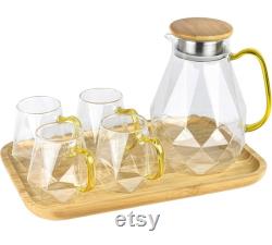 Glass Pitcher with Lid Elegant Diamond Design Glass Water Pitcher with 4 Cups and a Tray 68oz Durable and Sturdy Glass Carafe with Bamboo