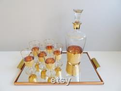 Glass carafe with liqueur glasses and mirror tray, Mid Century liqueur set gold-plated