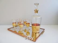 Glass carafe with liqueur glasses and mirror tray, Mid Century liqueur set gold-plated
