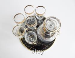 Glass carafe with liqueur glasses and tray, Mid Century liqueur set gold-plated