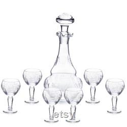 Glass liqueur carafe and six glasses art nouveau style glass carafe for wine, vodka