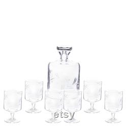 Glass liqueur carafe and six glasses art nouveau style glass carafe for wine, vodka