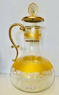 Gold Pattern Carafe Set, Glass Carafe and Cup, Glass Pitcher, Glass Decanter, Handmade Decanter Set, Water Pitcher, Juice Carafe