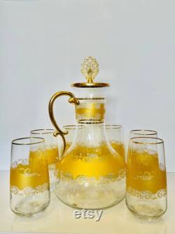 Gold Pattern Carafe Set, Glass Carafe and Cup, Glass Pitcher, Glass Decanter, Handmade Decanter Set, Water Pitcher, Juice Carafe