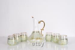 Gold and Green Pattern Vintage Carafe Set, Cocktail Glasses Set, Glass Carafe and Cup, Glass Pitcher, Glass Decanter, Handmade Decanter Set