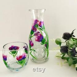 Hand Painted Bedside Carafe Set, Carafe and Water Tumbler, Hand Painted Glass, Floral Glass, mum gift, housewarming gift, Gifts for her,