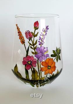 Hand Painted Set Carafe and 4 Glasses, Set for beverages, Set for water, Stemless Glasses, New home gift, Mother's Day Gift, Wild Flowers.
