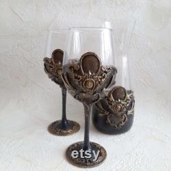 Hand decorated wine glasses and decanter. Anniversary wine. Carafe set with glasses in black and gold. Wedding gift. housewarming gift.