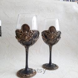 Hand decorated wine glasses and decanter. Anniversary wine. Carafe set with glasses in black and gold. Wedding gift. housewarming gift.