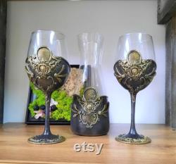 Hand decorated wine glasses and decanter. Anniversary wine. Carafe set with glasses in black and gold. Wedding gift. housewarming gift.