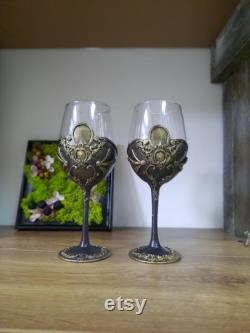 Hand decorated wine glasses and decanter. Anniversary wine. Carafe set with glasses in black and gold. Wedding gift. housewarming gift.