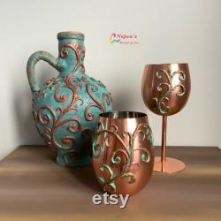 Hand painted Antique Greek pottery decanter (with two copper wine glasses- sold separately)