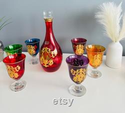 Hand painted glass carafe with 6 glasses