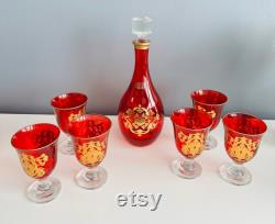 Hand painted glass red carafe with 6 glasses