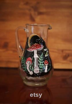 Hand painted mushroom, moon and bee Glass Carafe, with Amanita Muscaria and crescent moon detailed paintings