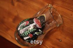 Hand painted mushroom, moon and bee Glass Carafe, with Amanita Muscaria and crescent moon detailed paintings