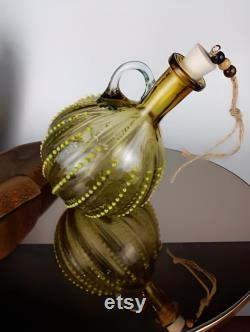Handmade Blown Glass Beaded Handle Gold-Amber Carafe, Wine Carafe, Green Glass, Murano Carafe, Vintage Style, Art Glass Carafe