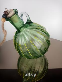 Handmade Blown Glass Beaded Handle Green Carafe, Wine Carafe, Green Glass, Murano Carafe, Vintage Style, Art Glass Carafe